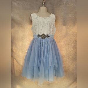 Rare Editions White Lace and Blue Tulle Kids Dress
